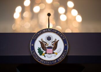 WASHINGTON, DC - JUNE 09: A view of the State Department seal on the podium before Romanian President Klaus Iohannis and U.S. Secretary of State Rex Tillerson appear for a photo opportunity at the State Department, June 9, 2017 in Washington, DC. Iohannis is also scheduled to meet with President Donald Trump on Friday afternoon. (Photo by Drew Angerer/Getty Images)