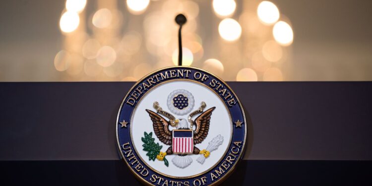 WASHINGTON, DC - JUNE 09: A view of the State Department seal on the podium before Romanian President Klaus Iohannis and U.S. Secretary of State Rex Tillerson appear for a photo opportunity at the State Department, June 9, 2017 in Washington, DC. Iohannis is also scheduled to meet with President Donald Trump on Friday afternoon. (Photo by Drew Angerer/Getty Images)